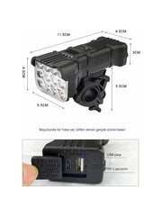 Bisiklet Şarjlı 12 Led Fener Kornalı Lcd İkaz Lambası Işıldak Zil Su Geçirmez Gidon
